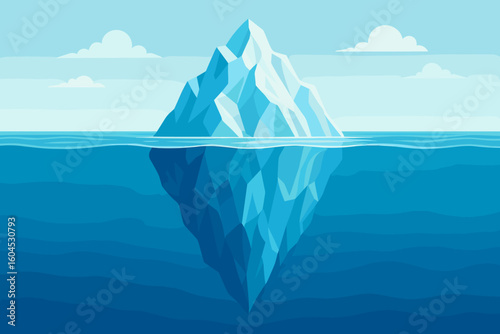 Iceberg in ocean showing underwater hidden mass. Cold blue ice mountain floating in sea. Arctic landscape vector illustration. Metaphor concept tip iceberg above water surface
