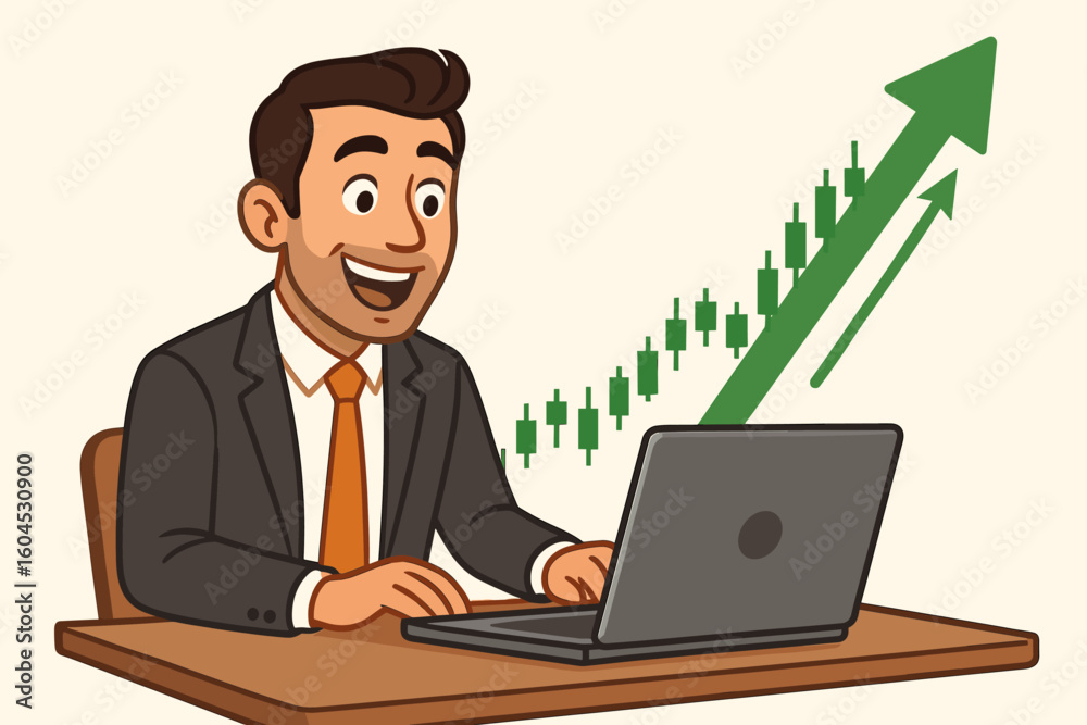 Successful businessman investor trader working laptop computer financial growth stock market bull rising green charts arrows profit trading success cartoon vector Successful businessman investor trader working laptop computer financial growth stock market bull rising green charts arrows profit trading success cartoon vector