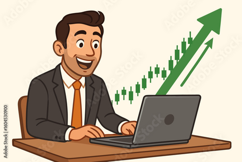 Successful businessman investor trader working laptop computer financial growth stock market bull rising green charts arrows profit trading success cartoon vector