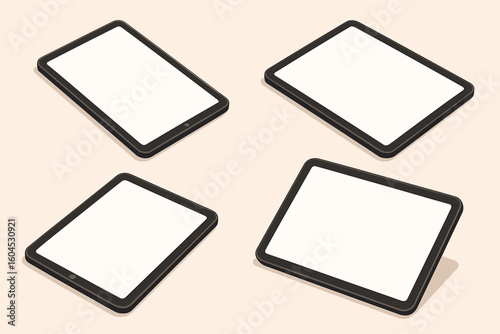 Isometric tablet mockup collection vector illustration. Modern digital devices various angles blank white screens. Technology gadget presentation template design