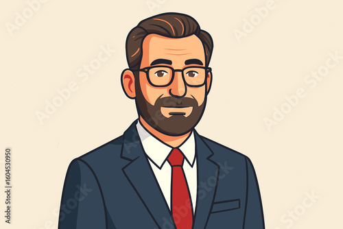 Businessman portrait vector illustration. Middle-aged man in suit with glasses and beard. Professional corporate manager, director, or CEO character avatar for business.
