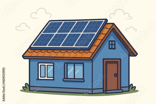 Solar panel house roof renewable energy. Blue residential home green technology clean electricity sustainable living eco friendly vector illustration