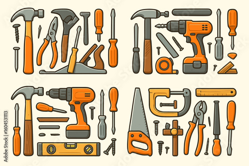 Carpenter tools vector collection. Construction equipment set for woodworking and home repair. DIY icon pack with hammer, saw, drill, screwdriver, pliers and level.