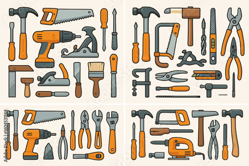 Carpenter tools vector collection. Set of woodworking and construction instrument icons. Hand tool like hammer, saw, screwdriver, drill for DIY, repair or workshop.