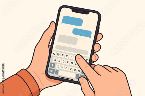 Hand holding smartphone typing text message chat bubble conversation mobile phone communication technology digital social online messaging touchscreen interaction vector