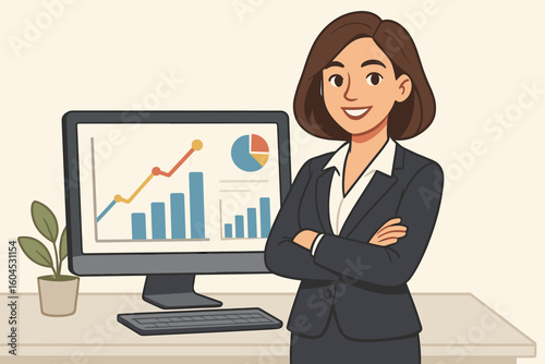 Confident smiling businesswoman professional expert advisor in office. Financial analyst presenting data report with charts and graphs on computer screen. Business success.