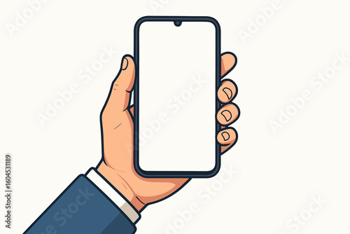 Male hand holding smartphone mockup vector illustration. Human hand gripping mobile phone blank screen. Cartoon style technology device presentation template design