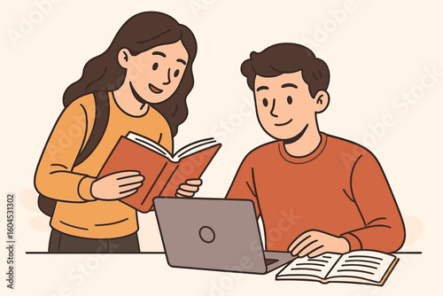 Education concept with students studying together. Male and female characters doing schoolwork with computer and books. Teamwork and collaboration in learning vector illustration.