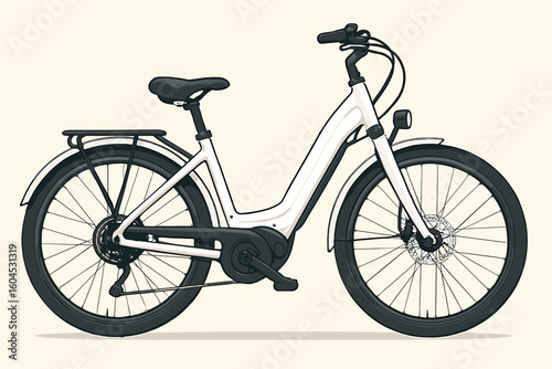 White electric bike vector illustration. City e-bike for women, side view. Female urban commuter bicycle. Eco friendly green transport concept. Healthy active lifestyle.