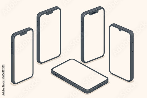 Isometric smartphone mockup set blank screen template mobile phone device app presentation UI UX design technology 3D perspective vector illustration collection