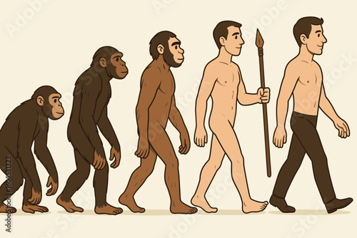 Vector illustration of human evolution, the march of progress from ape to modern man. Darwin's theory timeline showing development. Anthropology and science cartoon infographic.