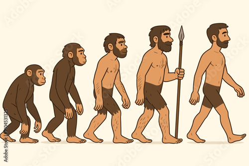 Human evolution vector illustration. Timeline of man evolving from primate ape to modern Homo sapiens. Anthropology concept of progress and development. Darwin theory cartoon.