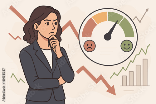 Fear and greed index concept with a pensive businesswoman analyzing stock market sentiment. Investor emotion, financial risk, and trading opportunity. Economic indicator.