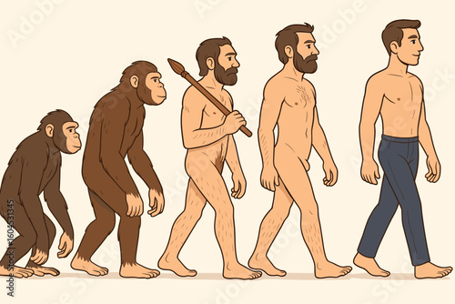 Human evolution vector illustration showing the march of progress from ape to modern man. Scientific concept of Darwinism, hominid development, and human ancestry cartoon.