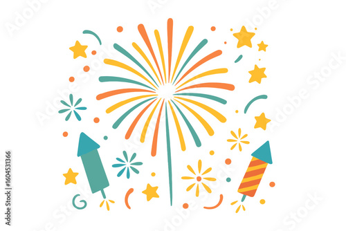 Colorful firework celebration vector illustration. Festive cartoon firecrackers, rockets and stars for New Year or 4th of July party. Flat design graphic element burst.