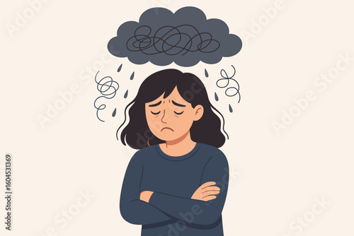 Sad woman suffering from depression. Unhappy female character with a dark rain cloud over her head. Metaphor for mental health, anxiety, grief, stress, and mood disorder.