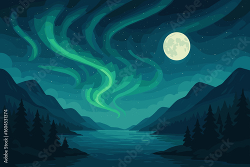 Aurora borealis vector illustration. Northern lights magical landscape night scene. Scandinavian fjord mountains forest moon stars. Beautiful nature background design.