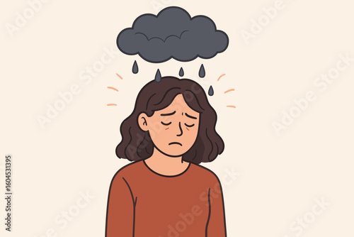 Female depression concept. Depressed woman with sad face. Dark cloud metaphor for negative thoughts. Mental health issues illustration. Psychology vector. Unhappy character.