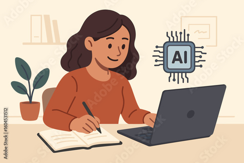 AI assistant concept. Woman working with artificial intelligence technology. Female professional writing notes using laptop computer at office desk. Digital productivity helper vector illustration