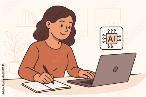 Woman working with AI assistant technology at office desk. Artificial intelligence helper chip supporting professional laptop computer work. Digital transformation concept vector illustration