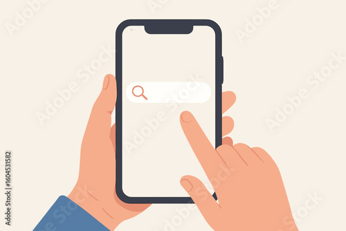 Mobile search engine smartphone screen interface vector illustration. Hand finger touching search bar magnifying glass icon. Digital technology flat design
