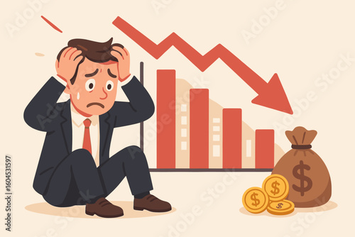Sad desperate businessman looking at earnings and profits going down. Company crisis and financial economic depression. Inflation, recession, market crash concept.