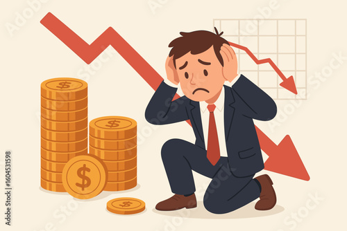 Financial crisis and economic recession concept. Sad desperate businessman watching profits and earnings go down. Inflation and business failure metaphor with falling arrow.