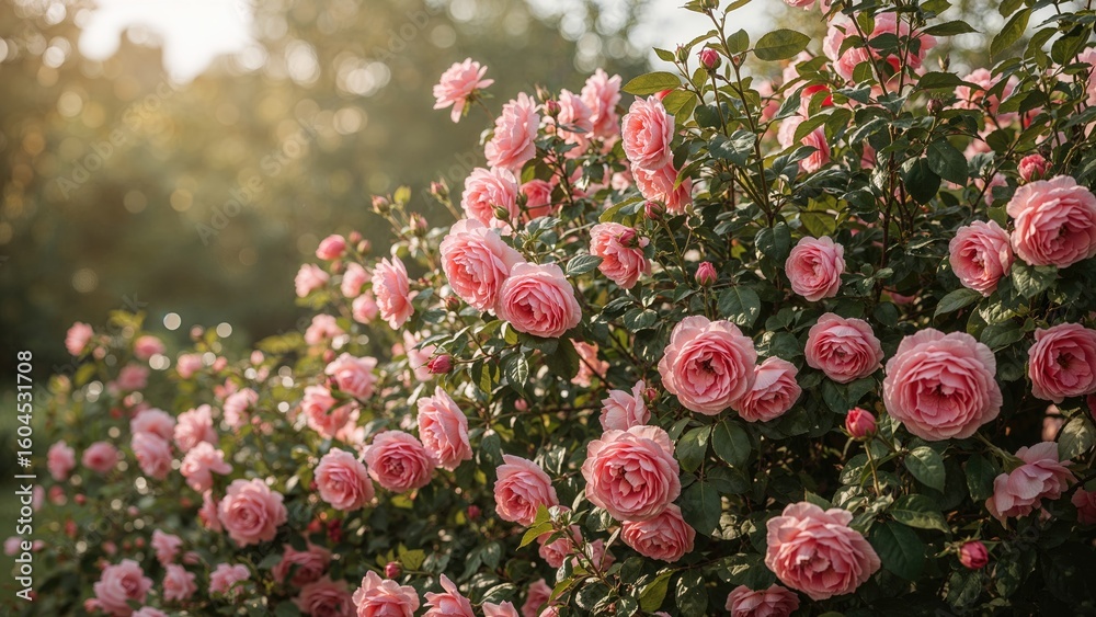 custom made wallpaper toronto digitalCharming pink roses blossoming on a shrub background, bloom, sunny seasons, love, greenery, grace, rose, happiness