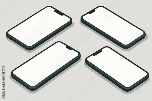 Isometric vector phone mockup set. Mobile phones with blank white screen for presentation. Smartphone template for app, UI, UX design. Modern device in perspective view.