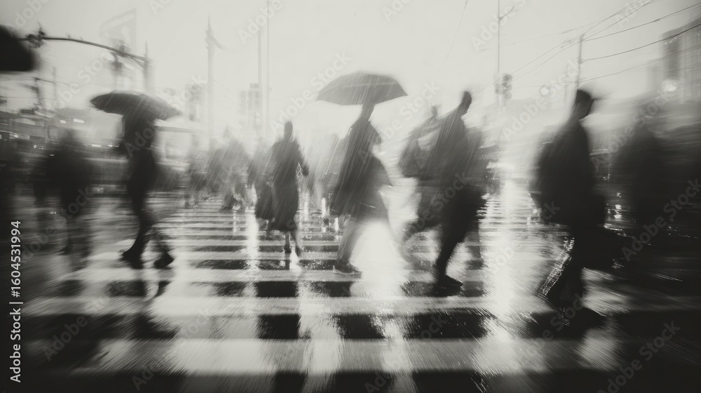Black-and-white high-contrast shot of busy crosswalk crowded with people holding umbrellas during rain. Black-and-white high-contrast shot of busy crosswalk crowded with people holding umbrellas during rain.