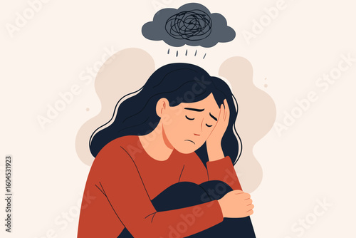 Depression mental health concept. Sad woman with anxiety stress burnout. Psychological disorder emotional wellness. Vector illustration girl negative thoughts therapy mindfulness