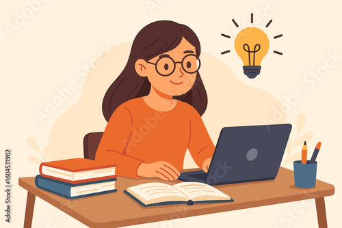 Female student studying at desk with laptop computer books idea lightbulb. Woman doing homework online learning education concept vector illustration