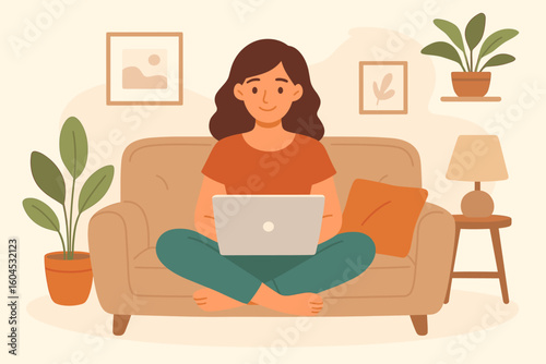 Woman working from home on laptop sitting cross-legged on cozy sofa. Female freelancer relaxing with computer in comfortable living room. Remote work lifestyle vector illustration