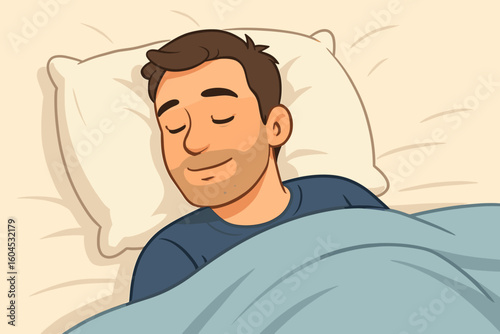Sleeping man in bed vector cartoon illustration. Peaceful male person with closed eyes lying on pillow under blanket feeling comfort relaxed rest sleep