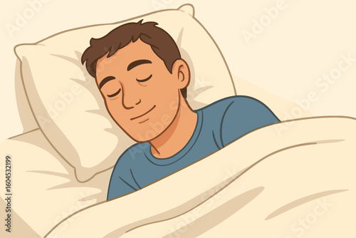 Peaceful sleeping man lying in comfortable bed with pillow and blanket. Male person resting with closed eyes feeling relaxed. Sleep wellness health concept vector