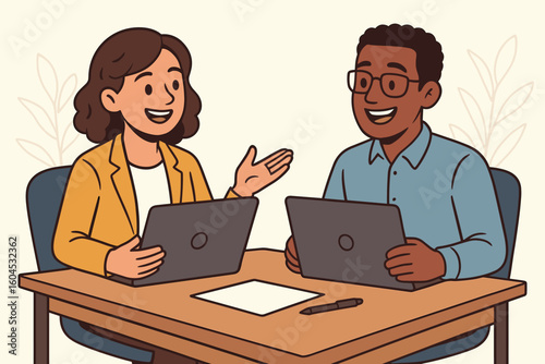 Business meeting collaboration vector illustration. Professional coworkers teamwork discussion office workplace. Corporate team communication flat design concept