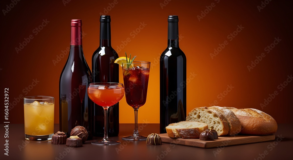 Naklejka premium Still life arrangement of various alcoholic beverages, including wine bottles, cocktails, and bread, on a wooden surface.