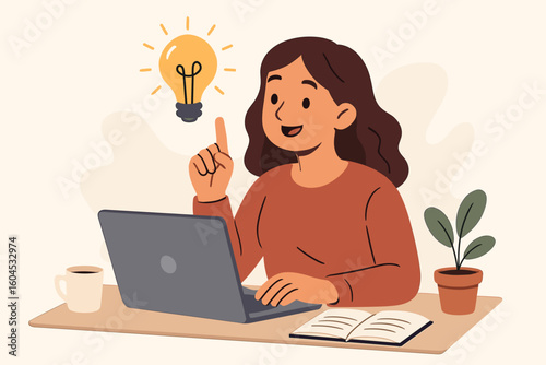Creative businesswoman having eureka moment idea with lightbulb. Female entrepreneur working on laptop computer solving problems. Vector cartoon illustration