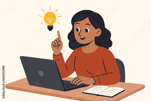Creative woman having eureka moment idea with lightbulb sitting at desk laptop computer workspace research learning problem solving business professional vector