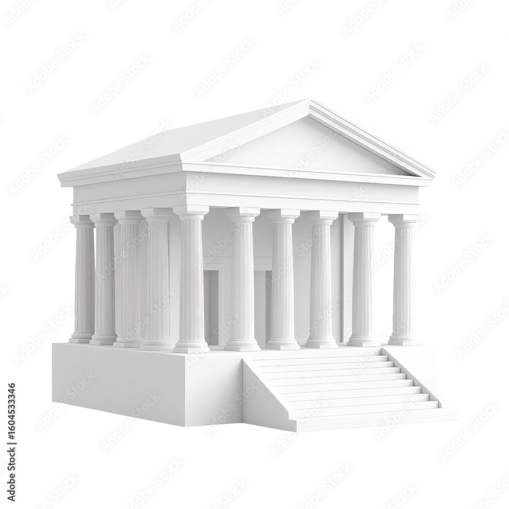 Obraz premium Clean 3D Render of a Classical White Building with Columns, Isolated on Black Background.