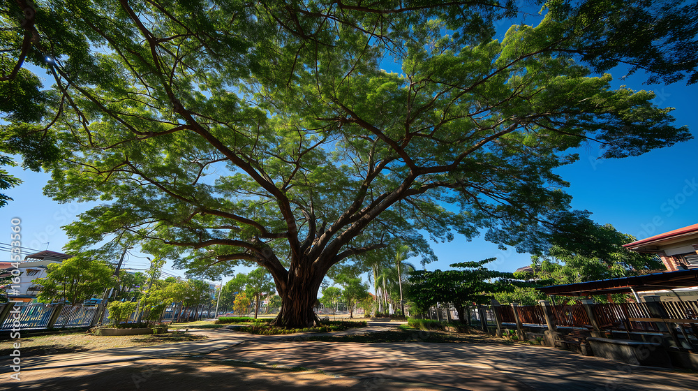 Fototapeta premium Wide monkey pod tree with sprawling branches and blue sky