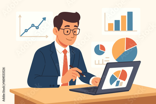 Data analysis concept. Businessman working with charts and graphs on a laptop. Financial analytics, marketing report, KPI dashboard. Infographic business vector illustration.