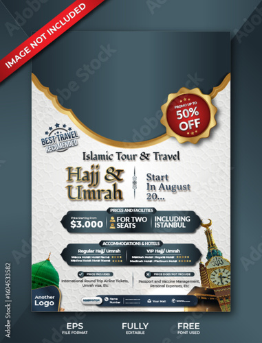 Hajj and Umrah event flyer brochure with geometric pattern background