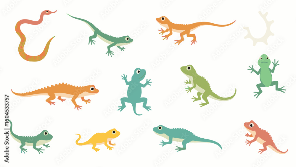 Fototapeta premium Colorful flat vector cartoon animal silhouettes collection – cute wild, domestic, aquatic, jungle, fantasy, and forest animals in minimalist kid-friendly style on white background