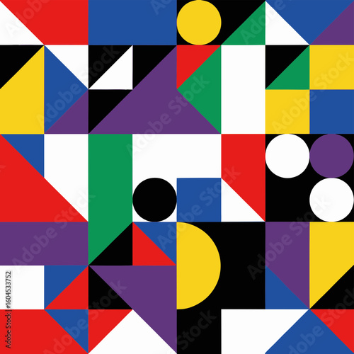 Bold and vibrant seamless geometric pattern with a playful abstract arrangement of squares, triangles, and circles in primary colors and black.