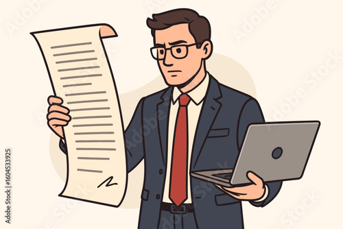 Businessman with laptop reviewing a long contract or document. Man in suit reading fine print. Legal agreement, terms and conditions concept. Vector cartoon illustration.