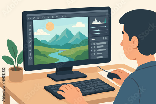 Vector illustration of photo editing on a desktop computer. Graphic design software with user interface for retouching a landscape photo. Creative process, post-production.