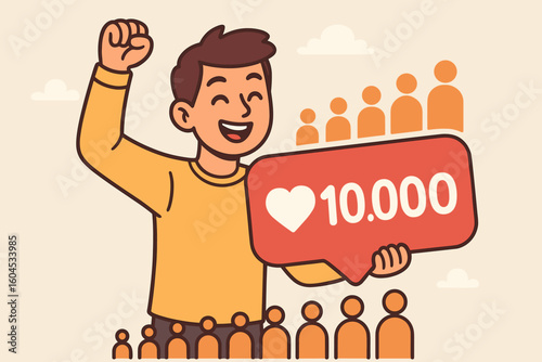 Social media followers celebration. Man holding 10,000 likes notification. Influencer success milestone. Follower growth concept. Vector cartoon character illustration.