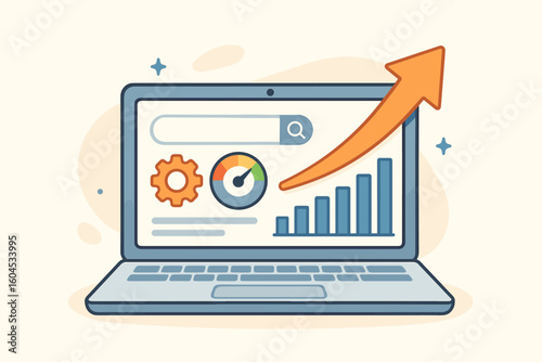 SEO optimization concept. Laptop with search engine performance tools. Rising graph and big arrow pointing upwards. Performance marketing, analytics and website ranking.