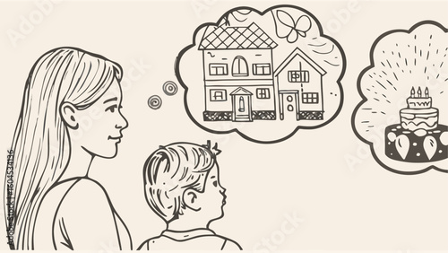 Illustration of a woman and child dreaming of a house and a birthday cake with burning candles silhouette